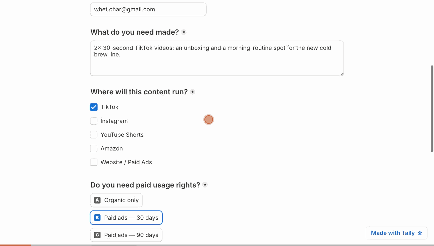 A brand submits the intake form. Thirty seconds later the lead is in the Notion CRM marked Contract Sent, with a Stripe invoice link attached.